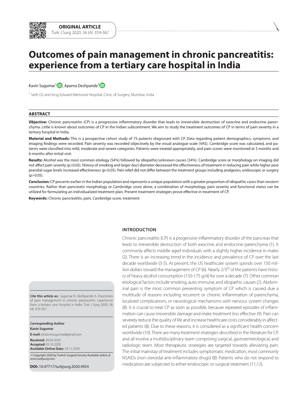 Outcomes of Pain Management in Chronic Pancreatitis: Experience from a Tertiary Care Hospital in India