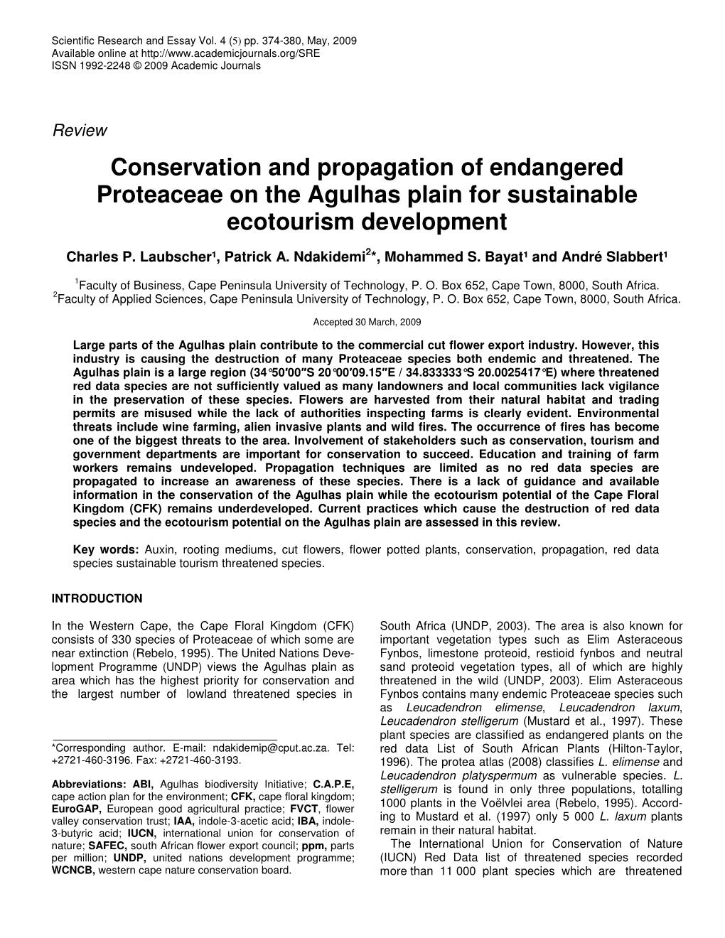 Conservation and Propagation of Endangered Proteaceae on the Agulhas Plain for Sustainable Ecotourism Development