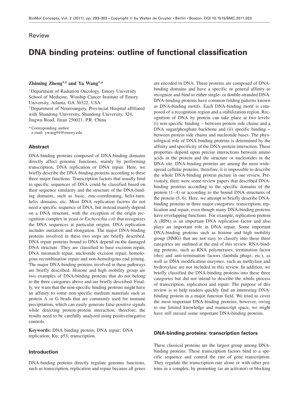 DNA Binding Proteins: Outline of Functional Classification