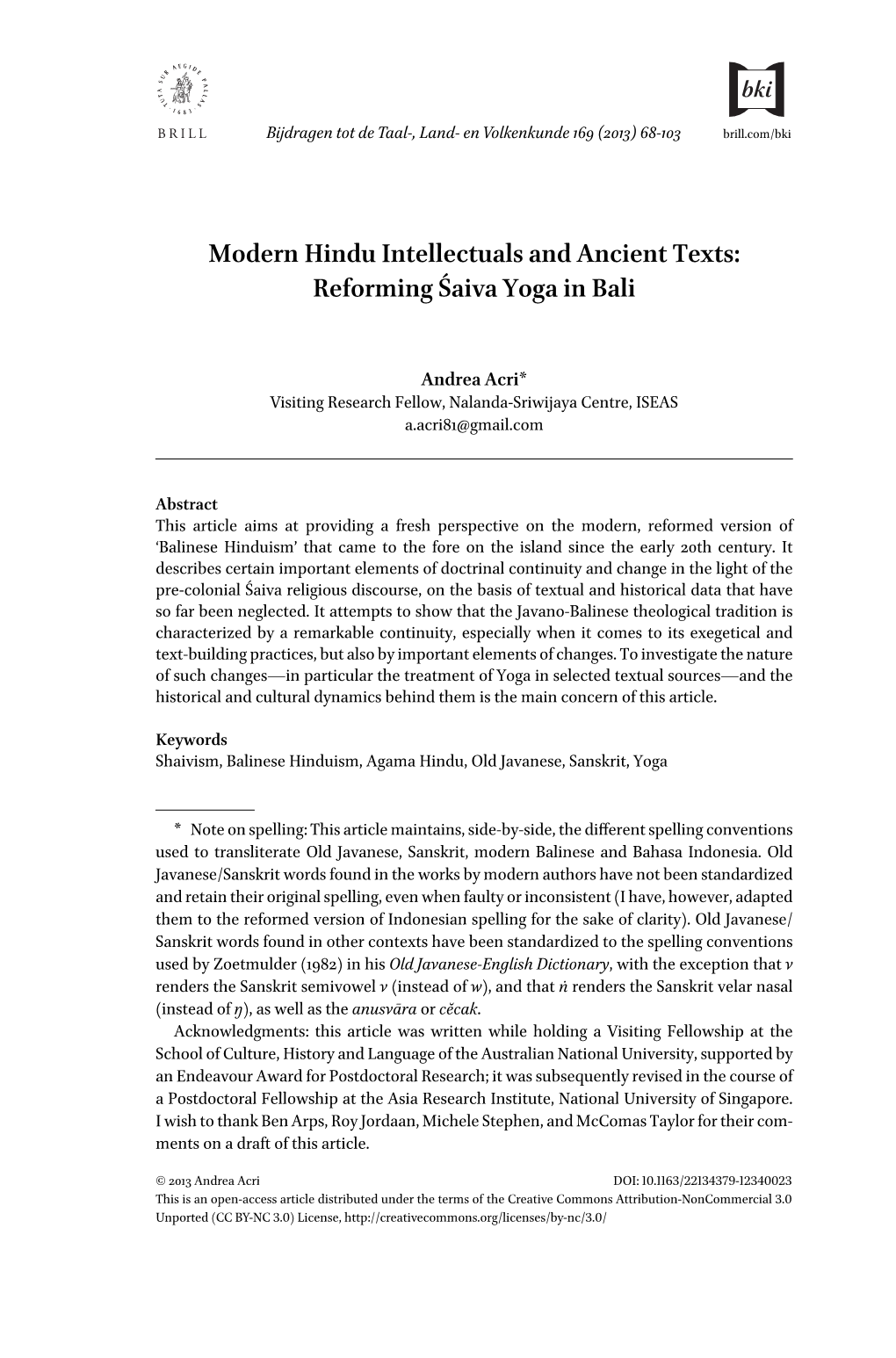 Modern Hindu Intellectuals and Ancient Texts: Reforming Śaiva Yoga in Bali