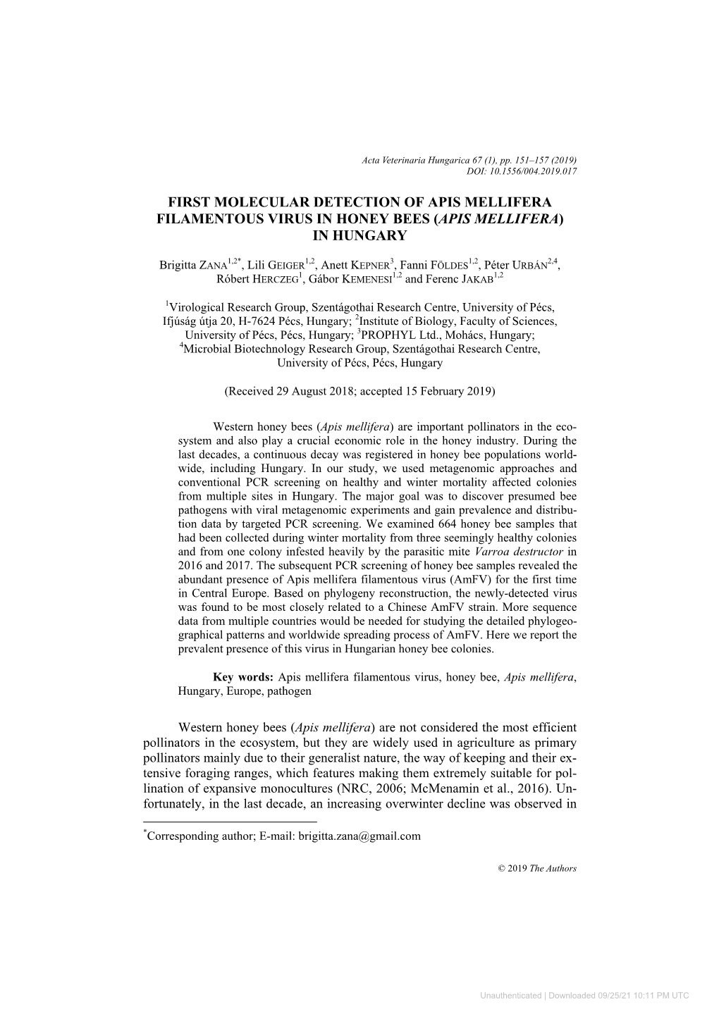 First Molecular Detection of Apis Mellifera Filamentous Virus in Honey Bees (Apis Mellifera) in Hungary