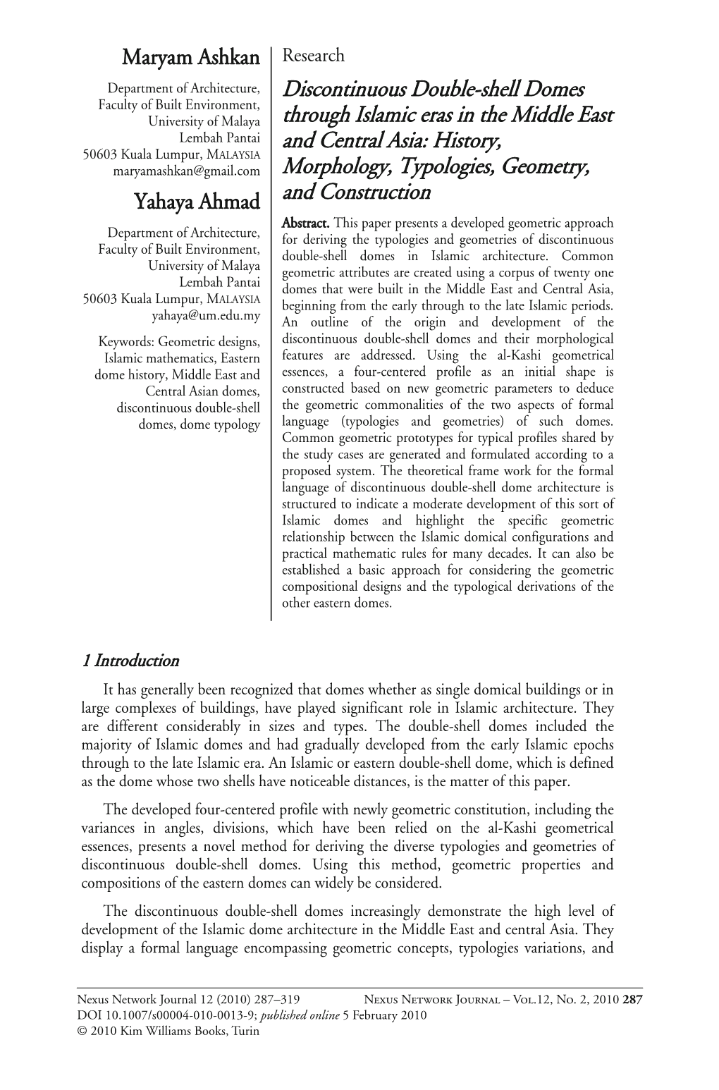 Discontinuous Double-Shell Domes Through Islamic Eras in the Middle East and Central Asia: History, Morphology, Typologies, Geom