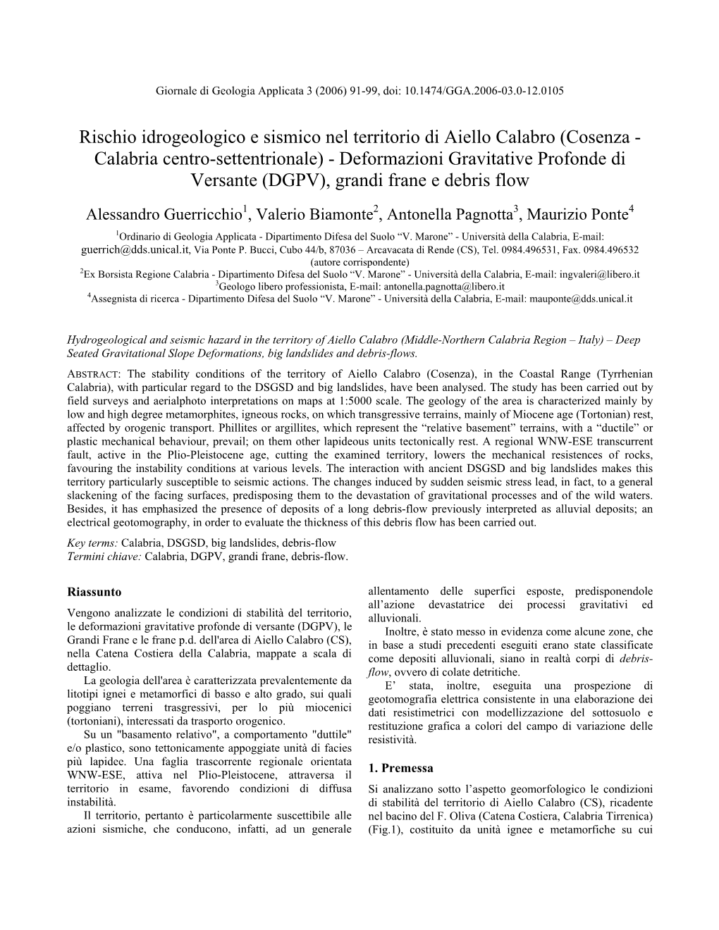 Rischio Idrogeologico E Sismico Nel Territorio Di Aiello Calabro (Cosenza