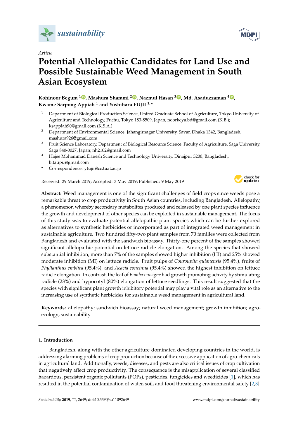 Potential Allelopathic Candidates for Land Use and Possible Sustainable Weed Management in South Asian Ecosystem