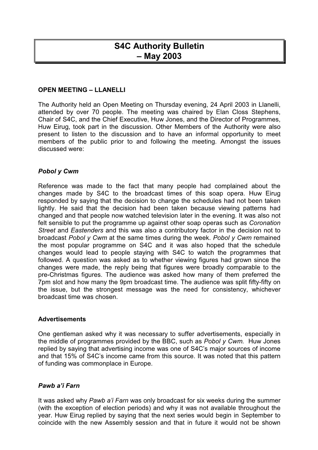 S4C Authority Bulletin – May 2003