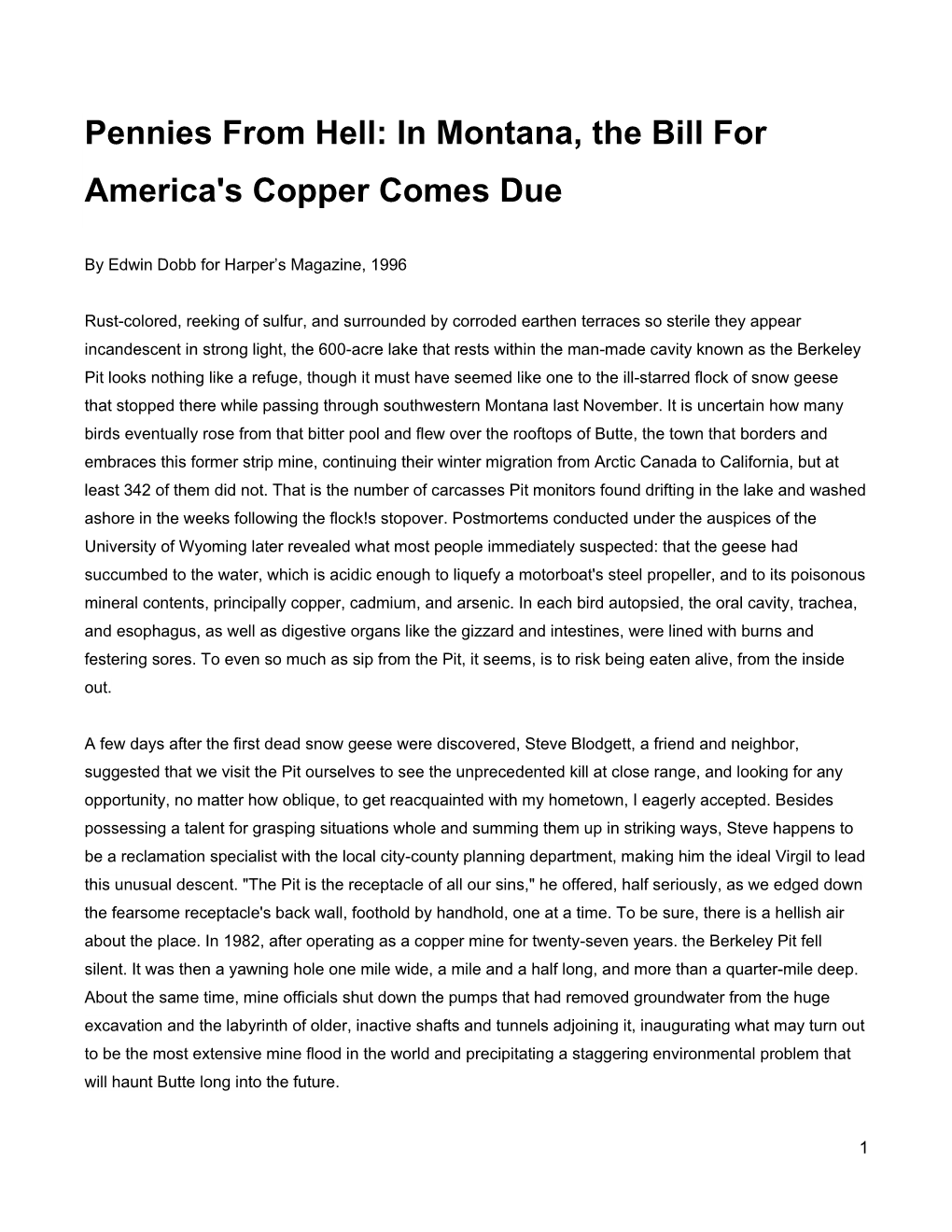 Pennies from Hell: in Montana, the Bill for America's Copper Comes Due