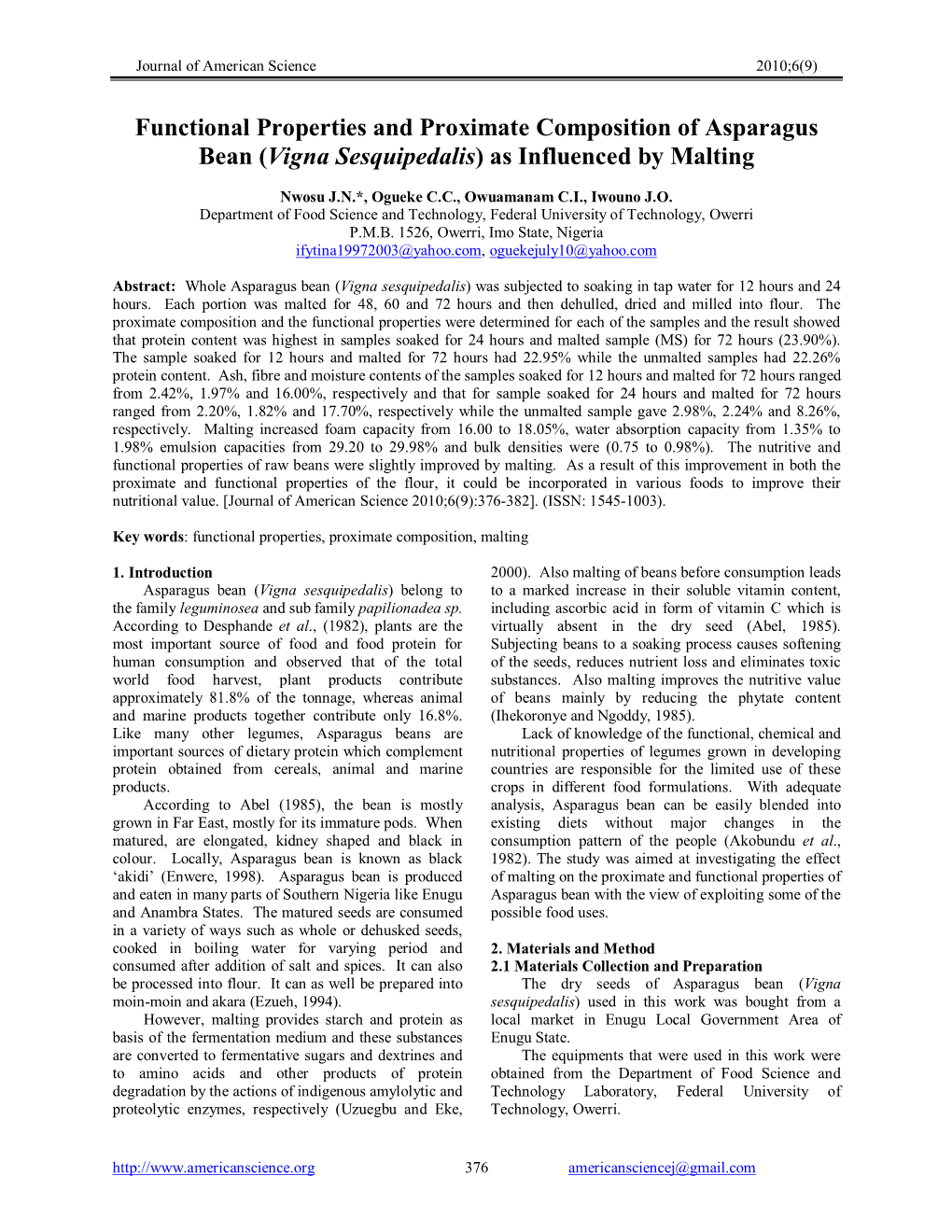 Functional Properties and Proximate Composition of Asparagus Bean (Vigna Sesquipedalis) As Influenced by Malting