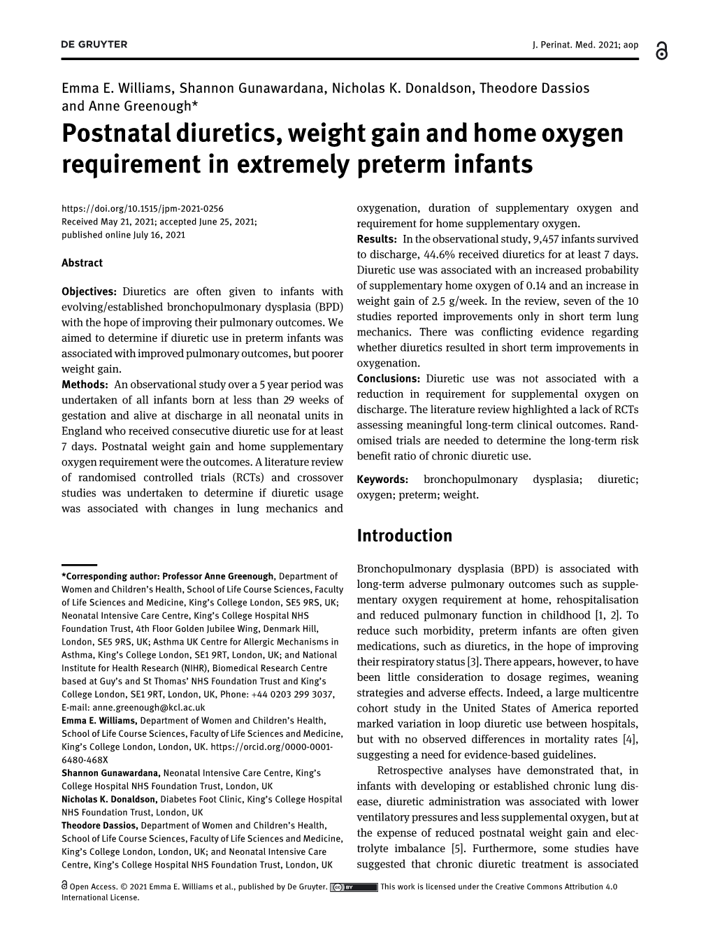 Postnatal Diuretics, Weight Gain and Home Oxygen Requirement in Extremely Preterm Infants