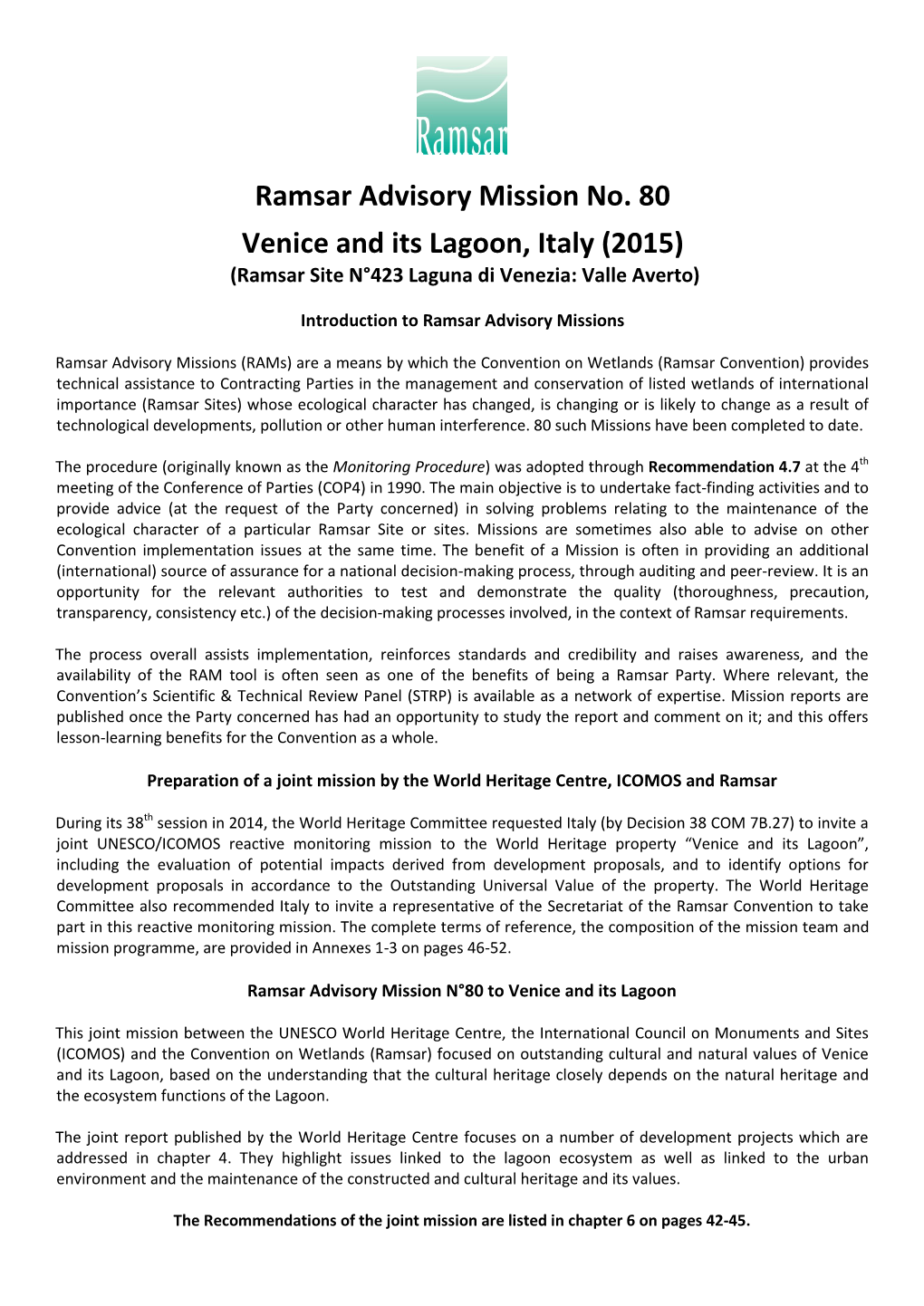 Ramsar Advisory Mission No. 80 Venice and Its Lagoon, Italy (2015)