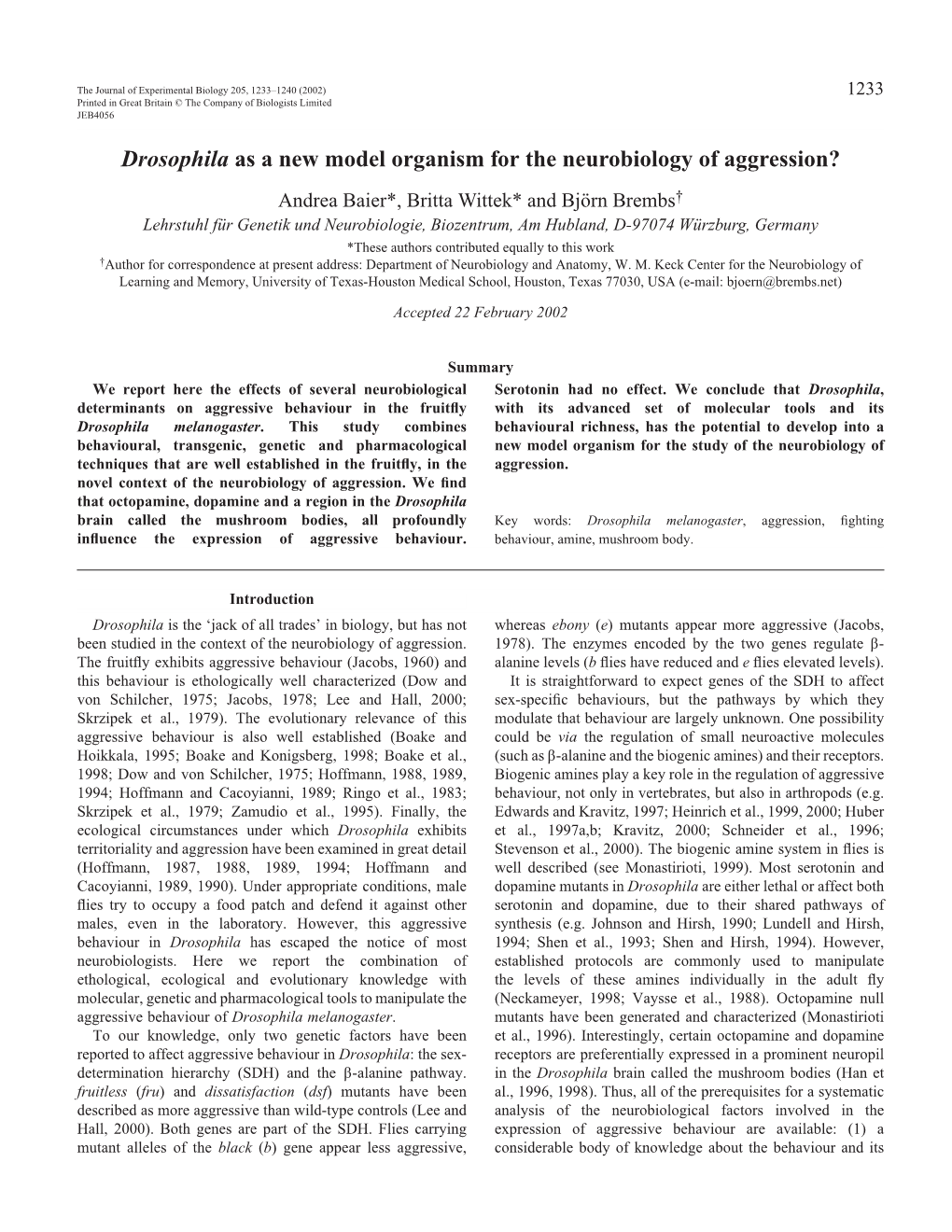 Neurobiology of Aggression in Drosophila 1235