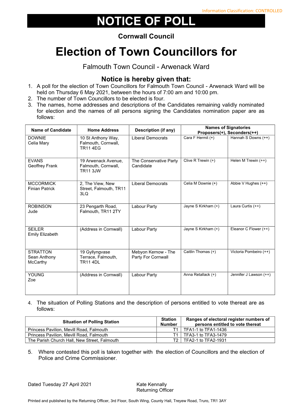 Election of a Town Councillor for Falmouth Arwenack ED