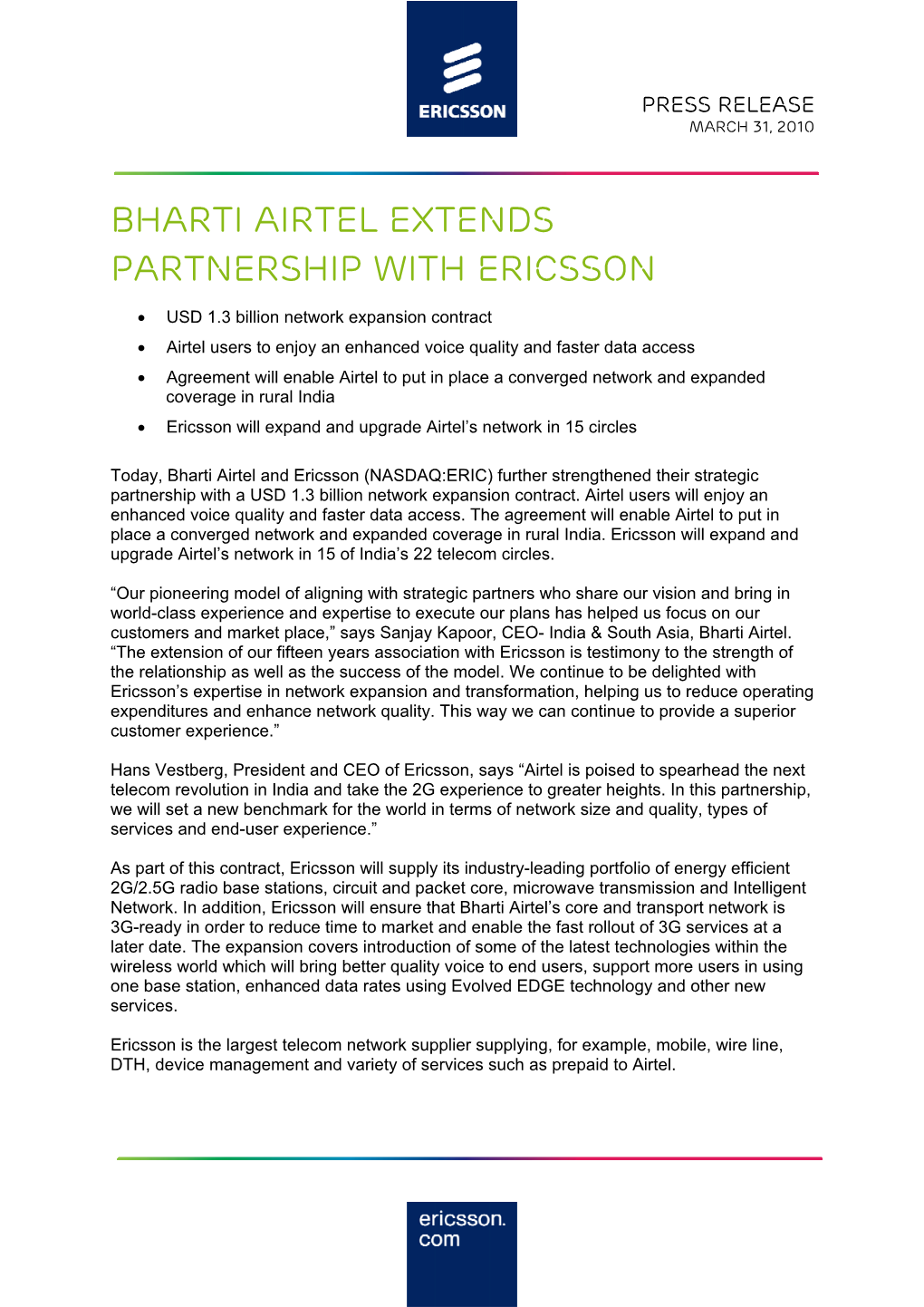 Bharti Airtel Extends Partnership with Ericsson