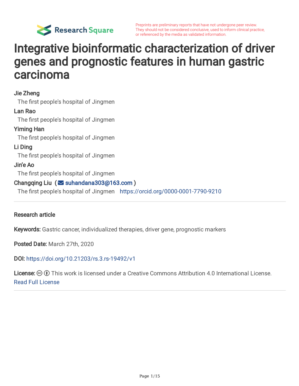 Integrative Bioinformatic Characterization of Driver Genes and Prognostic Features in Human Gastric Carcinoma