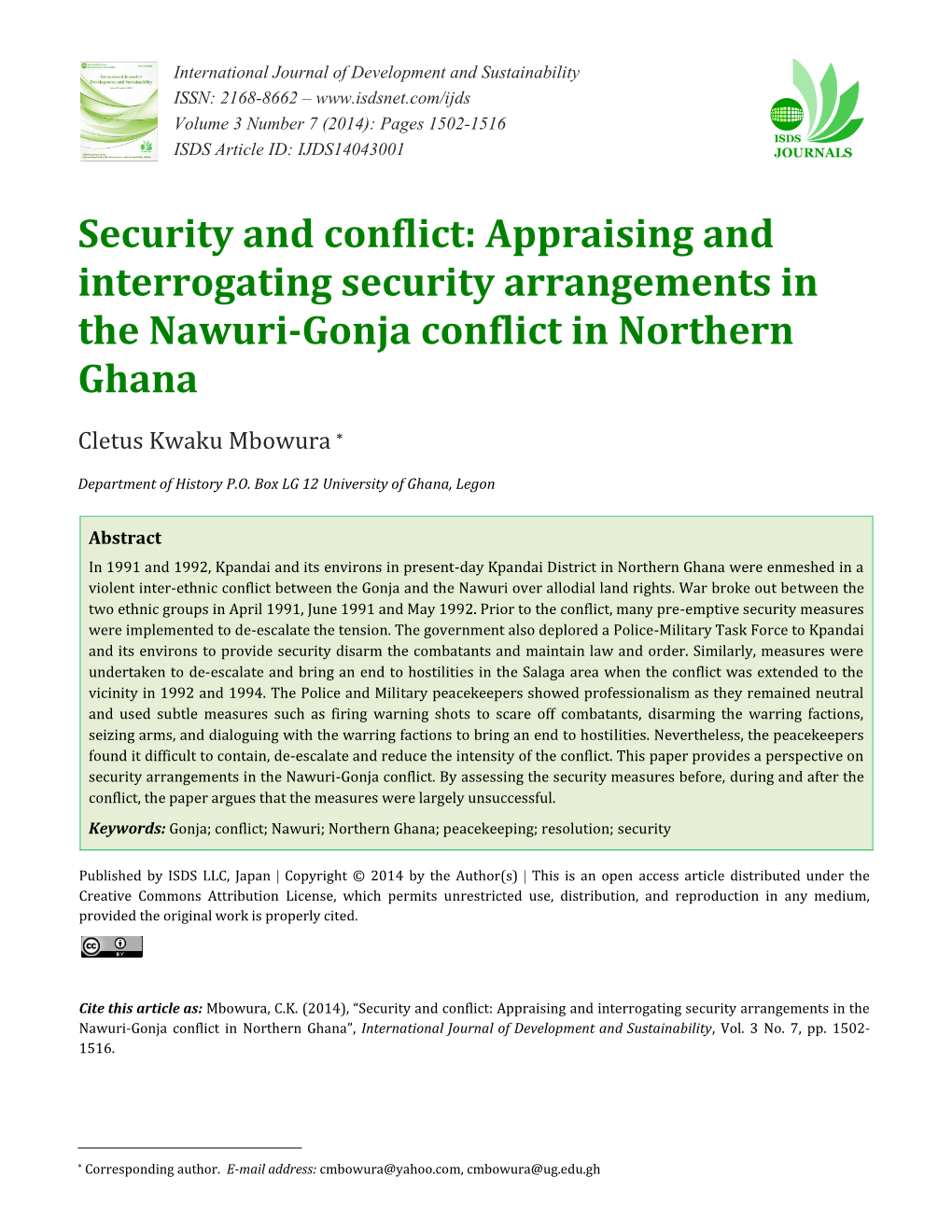 Appraising and Interrogating Security Arrangements in the Nawuri-Gonja Conflict in Northern Ghana