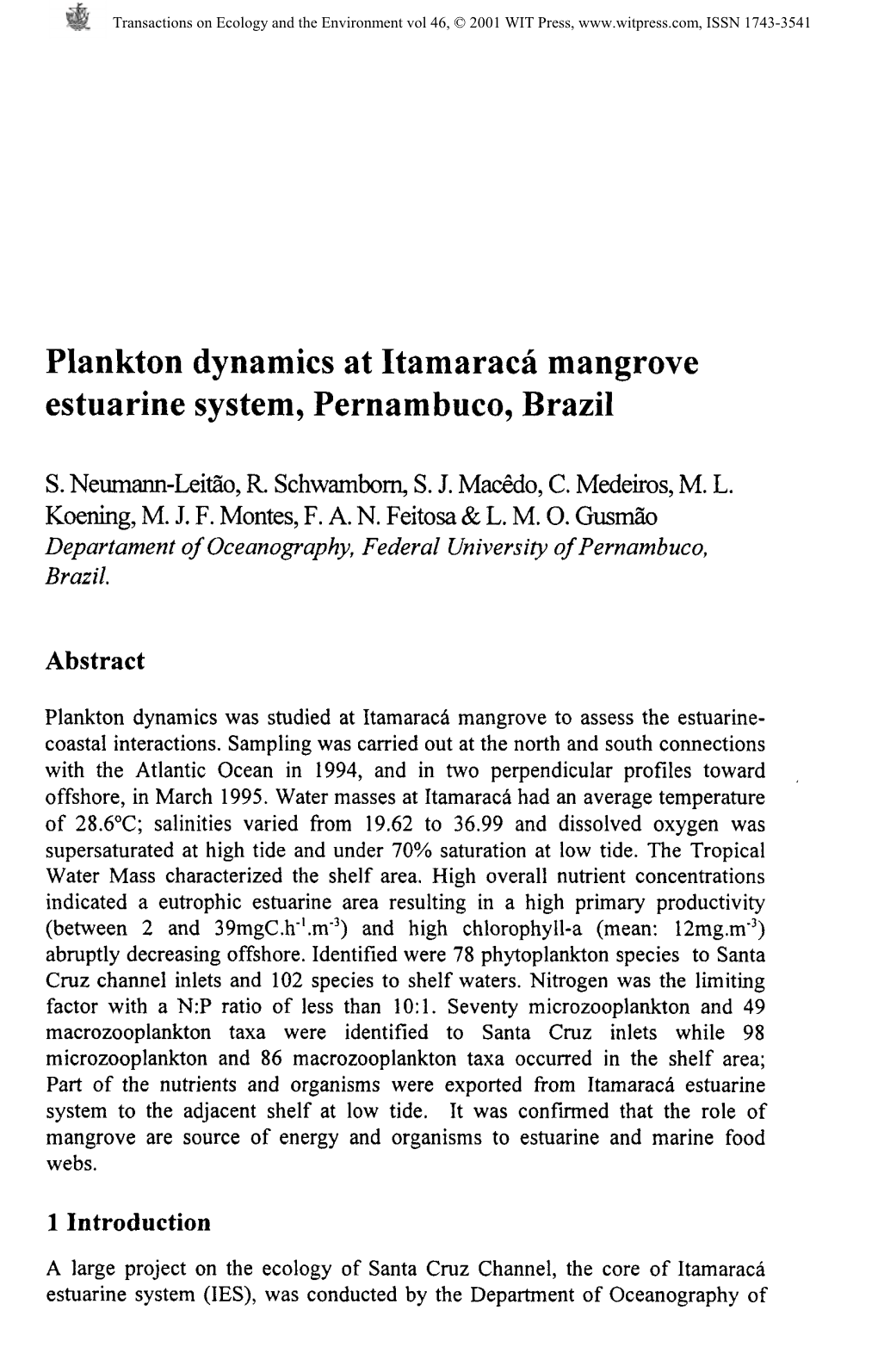 Plankton Dynamics at Itamaraca Mangrove Estuarine System, Pernambuco, Brazil