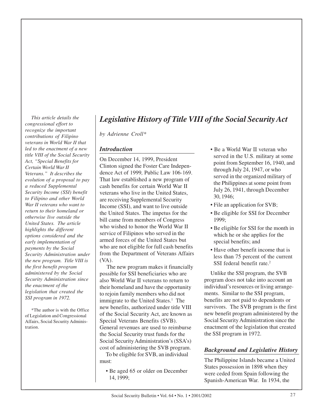 Legislative History of Title VIII of the Social Security