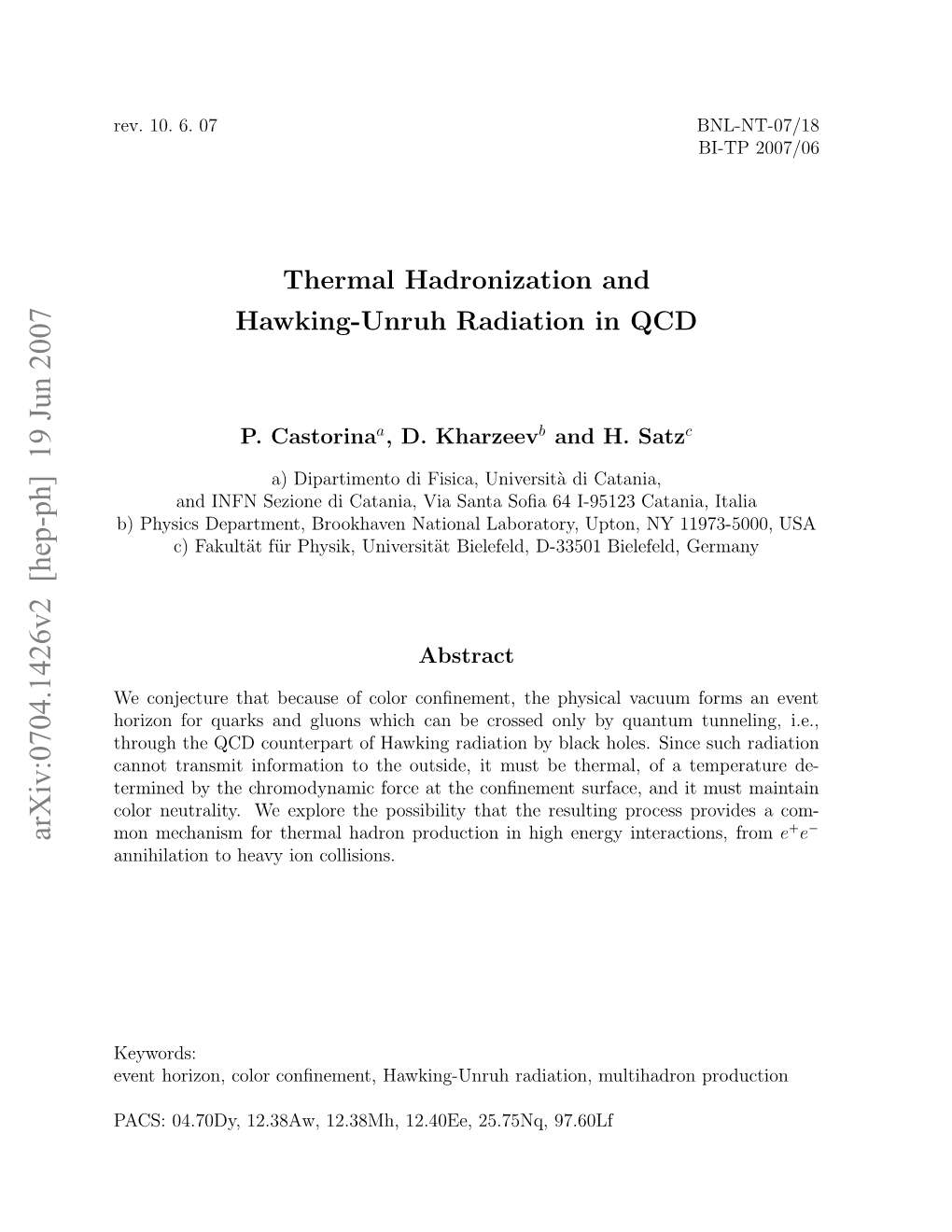 Thermal Hadronization and Hawking-Unruh Radiation In