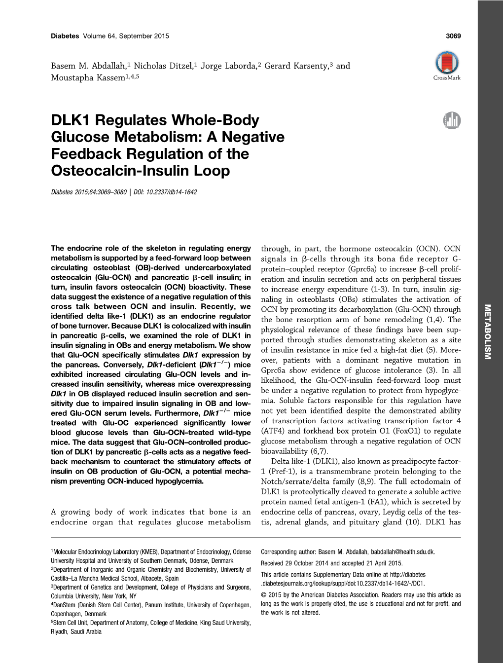 DLK1 Regulates Whole-Body Glucose Metabolism: a Negative Feedback Regulation of the Osteocalcin-Insulin Loop