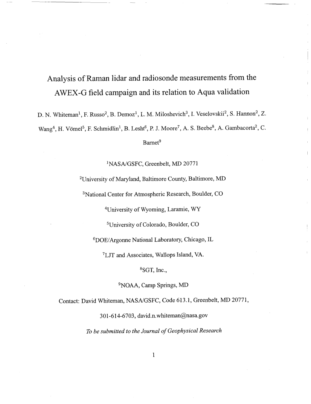 Analysis of Raman Lidar and Radiosonde Measurements from the AWEX-G Field Campaign and Its Relation to Aqua Validation