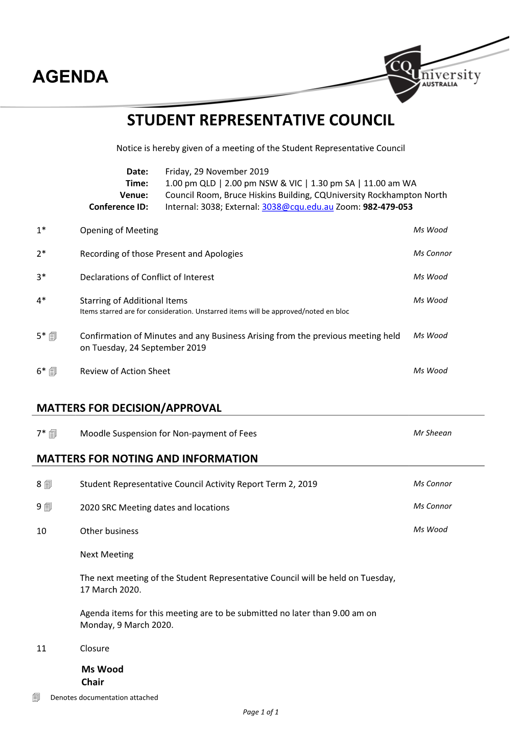 Student Representative Council Agenda – 24 September 2019