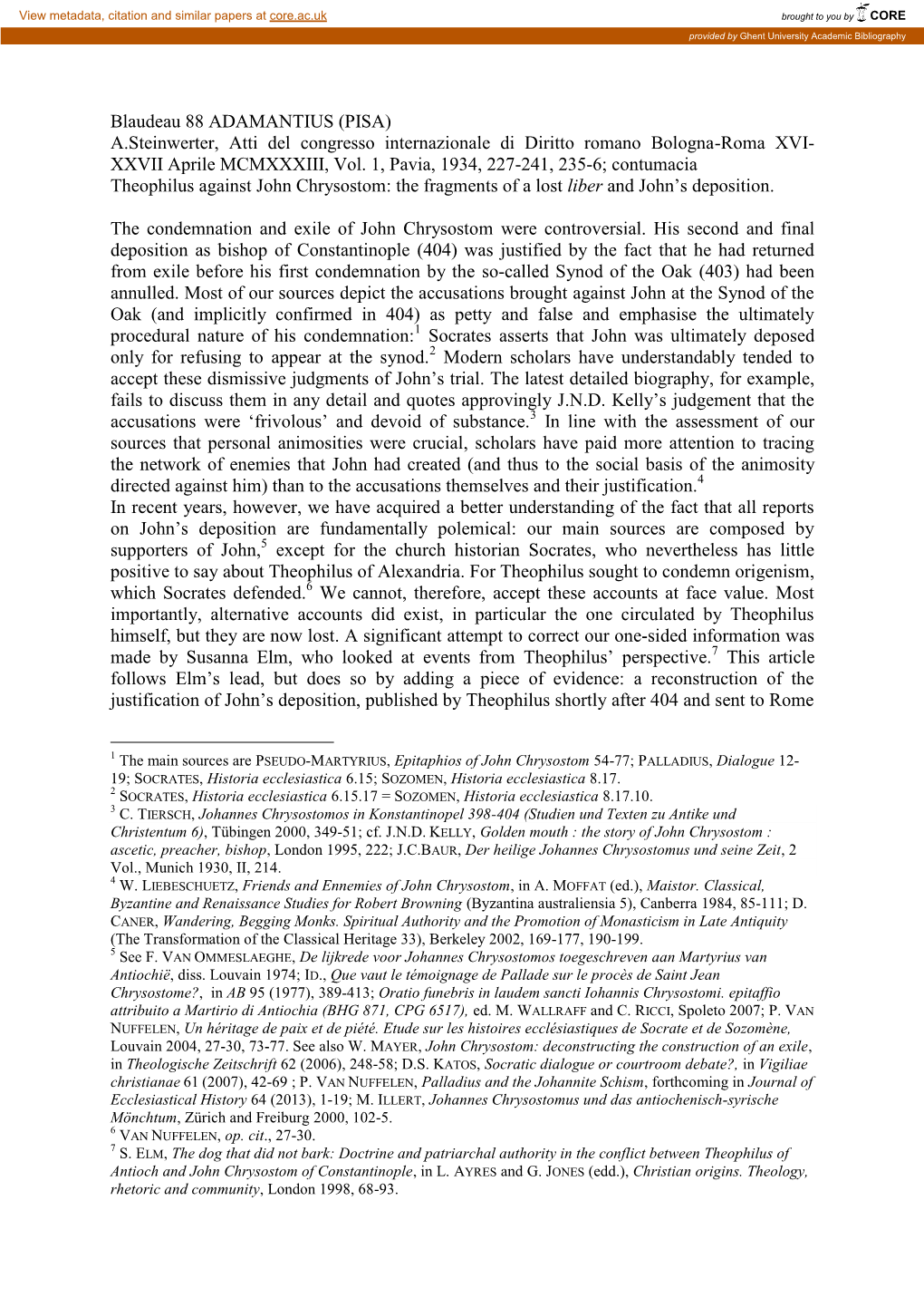 Blaudeau 88 ADAMANTIUS (PISA) A.Steinwerter, Atti Del Congresso Internazionale Di Diritto Romano Bologna-Roma XVI- XXVII Aprile MCMXXXIII, Vol