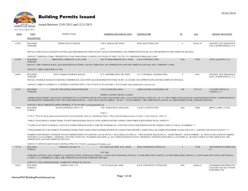Building Permits Issued Issued Between 12/01/2013 and 12/31/2013