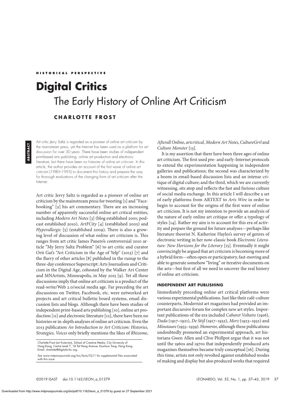 The Early History of Online Art Criticism Art Online of History Early the H C Modern Art Notes [5] (Established 2009)