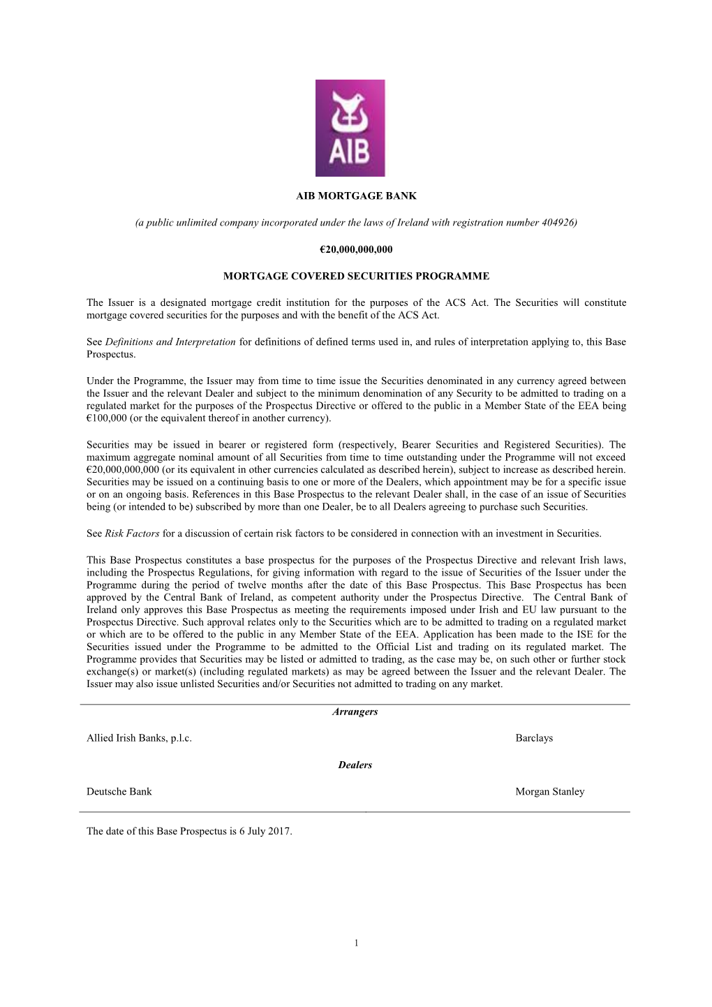 AIB MORTGAGE BANK (A Public Unlimited Company Incorporated