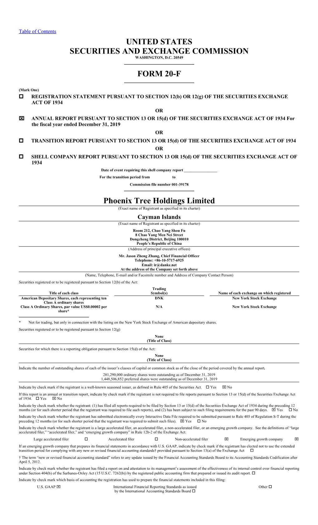 UNITED STATES SECURITIES and EXCHANGE COMMISSION FORM 20-F Phoenix Tree Holdings Limited