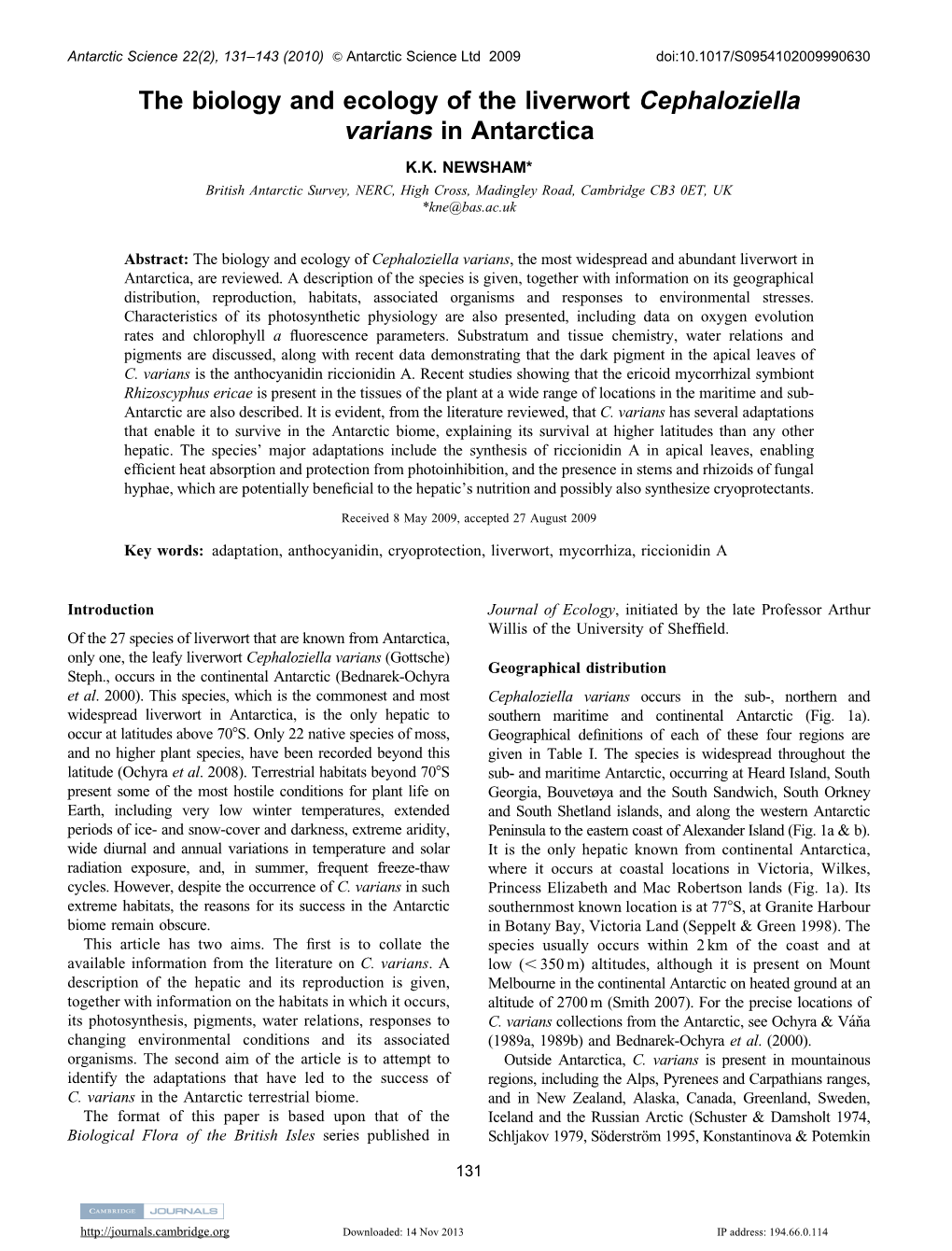 The Biology and Ecology of the Liverwort Cephaloziella Varians in Antarctica K.K