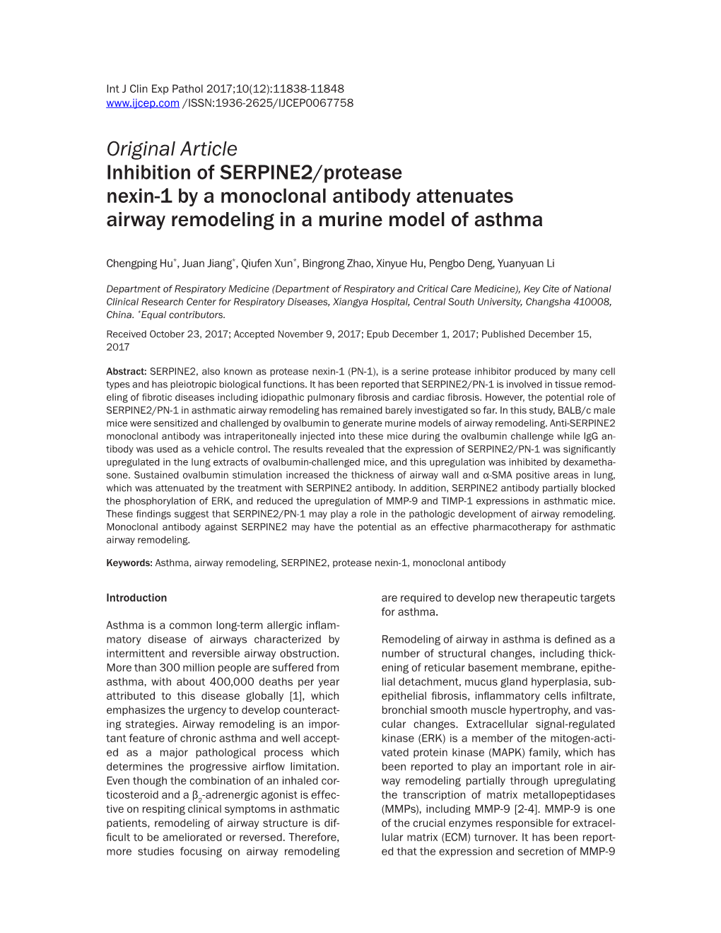 Original Article Inhibition of SERPINE2/Protease Nexin-1 by a Monoclonal Antibody Attenuates Airway Remodeling in a Murine Model of Asthma