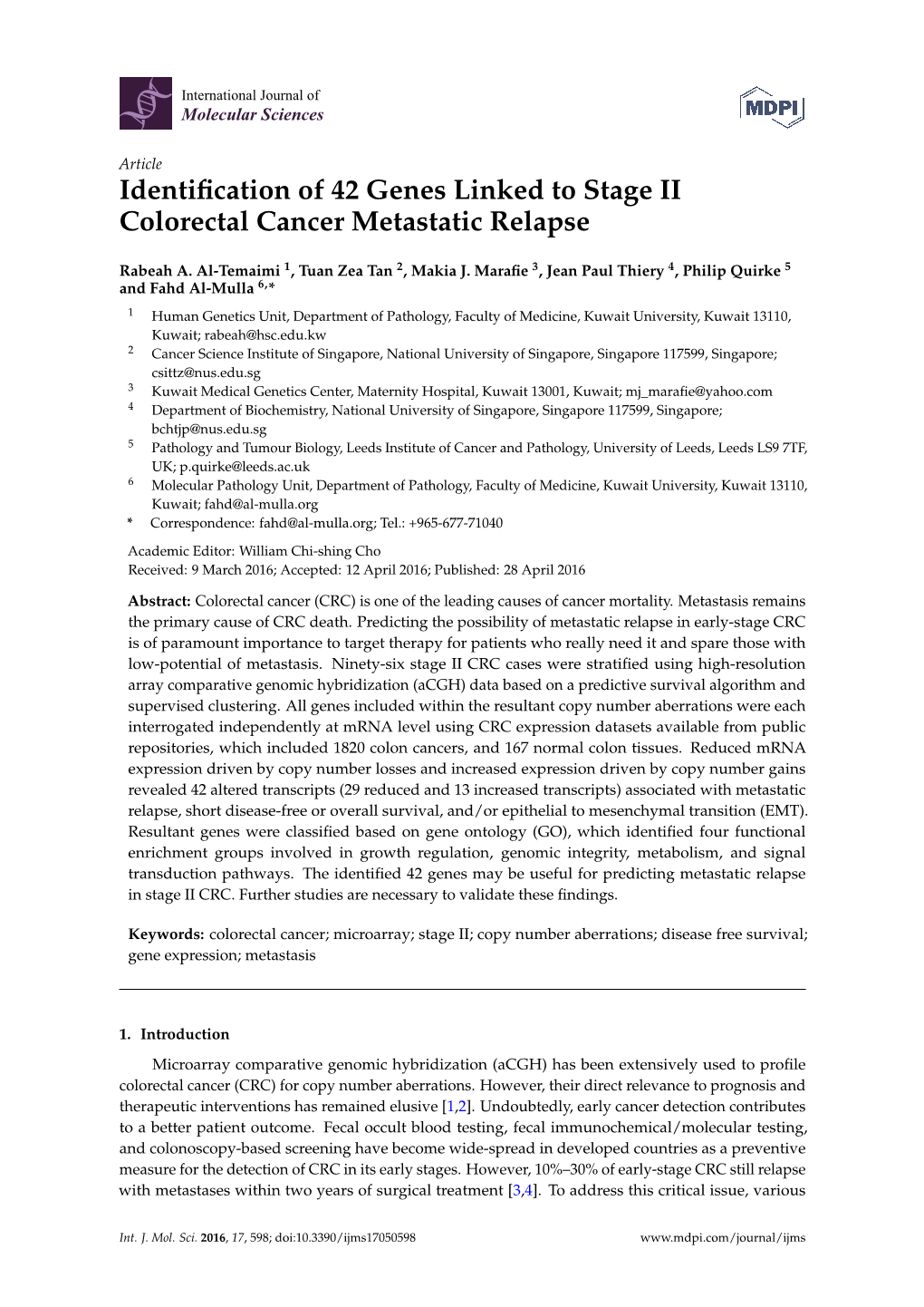 Identification of 42 Genes Linked to Stage II Colorectal Cancer Metastatic Relapse