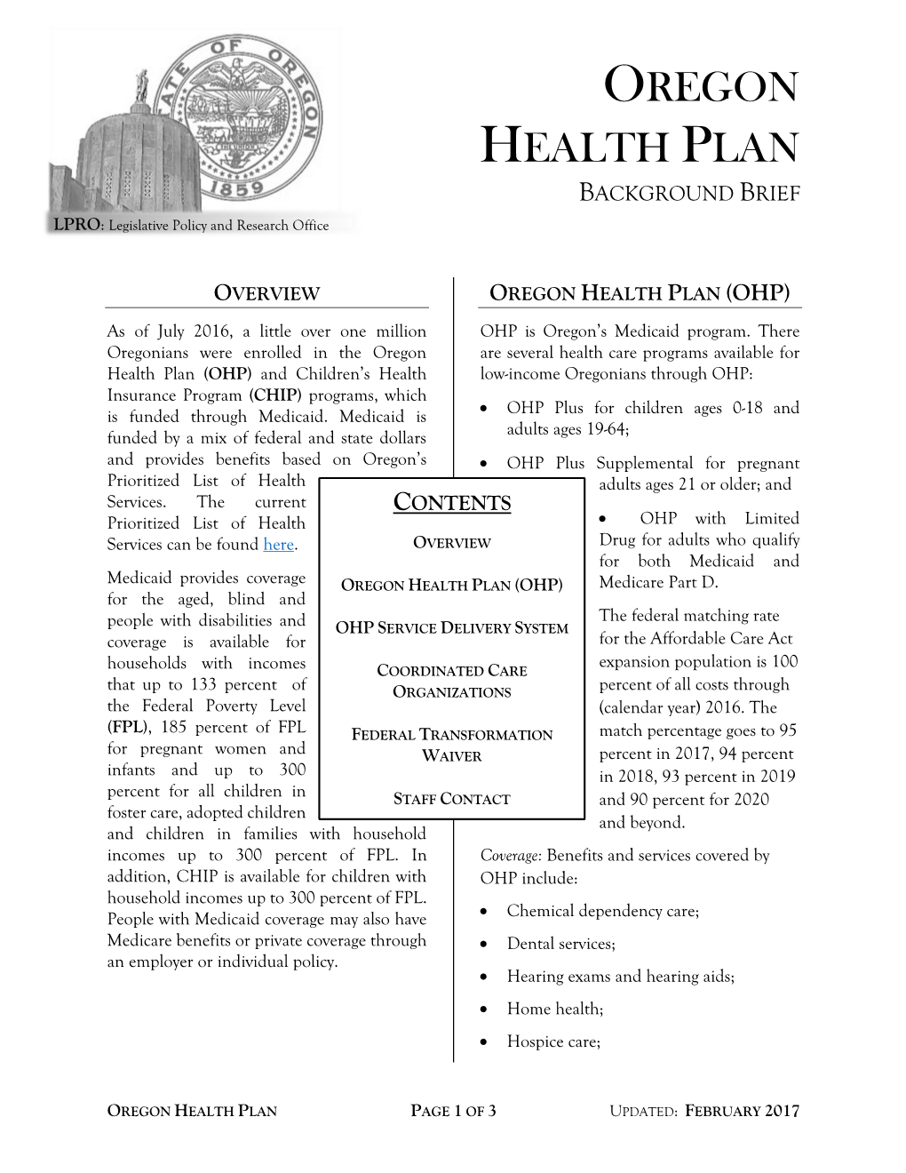 OREGON HEALTH PLAN BACKGROUND BRIEF LPRO: Legislative Policy and Research Office