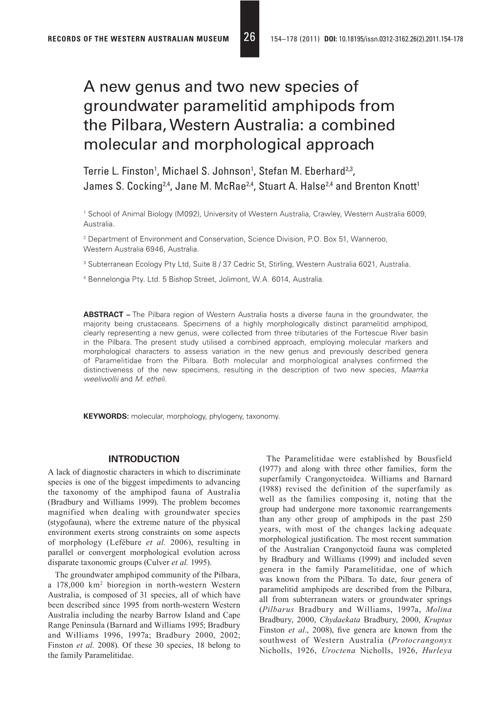 A New Genus and Two New Species of Groundwater Paramelitid Amphipods from the Pilbara, Western Australia: a Combined Molecular and Morphological Approach