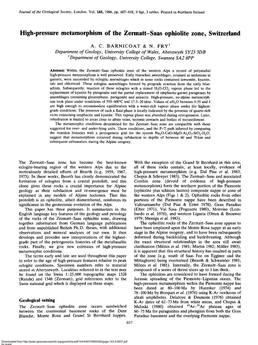 High-Pressure Metamorphism of the Zermatt-Saas Ophiolite Zone, Switzerland