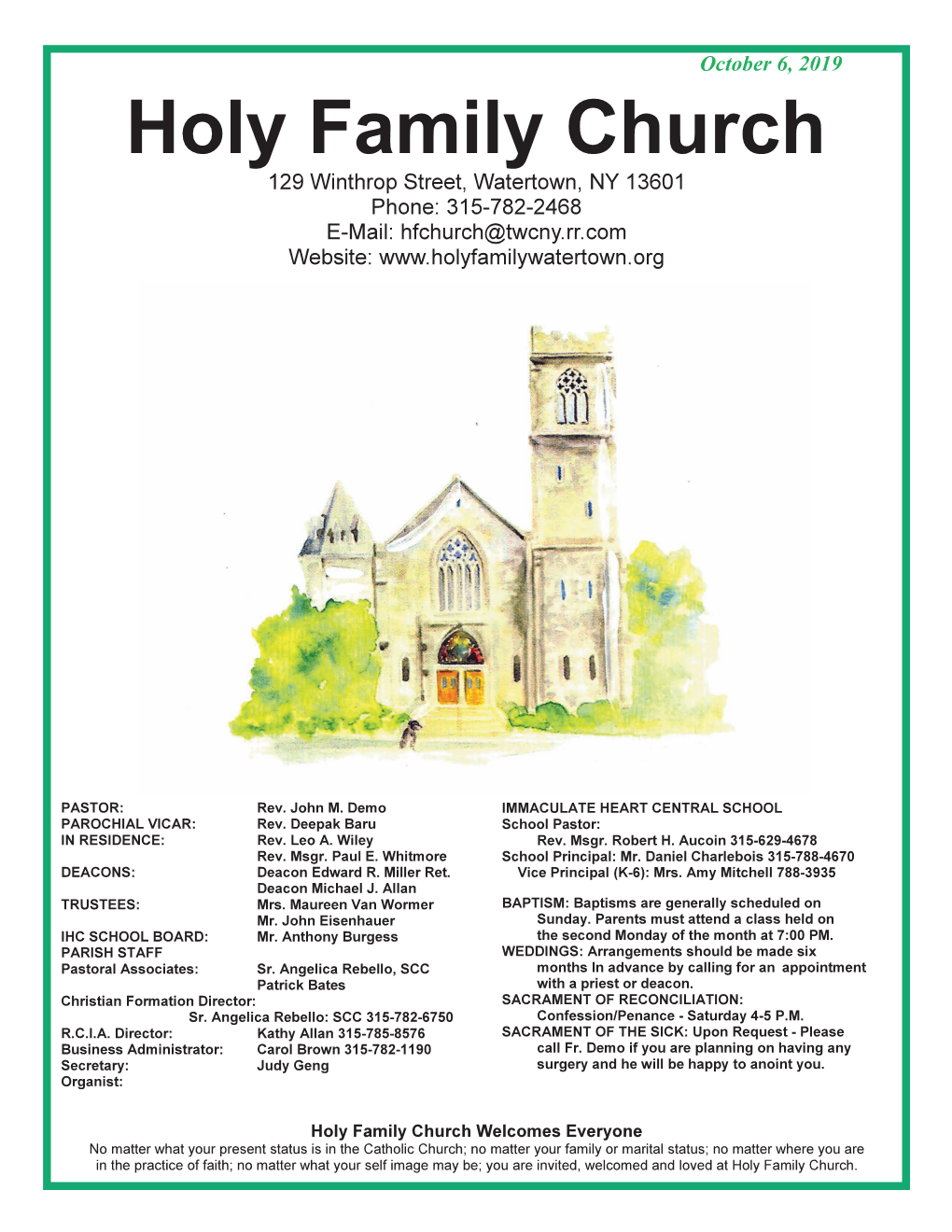 Holy Family Church 129 Winthrop Street, Watertown, NY 13601 Phone: 315-782-2468 E-Mail: Hfchurch@Twcny.Rr.Com Website