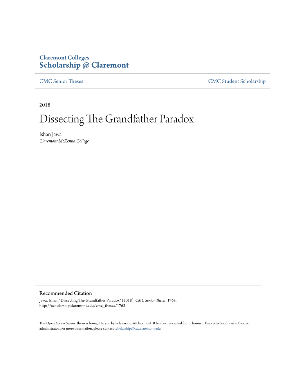 Dissecting the Grandfather Paradox Ishan Jawa Claremont Mckenna College