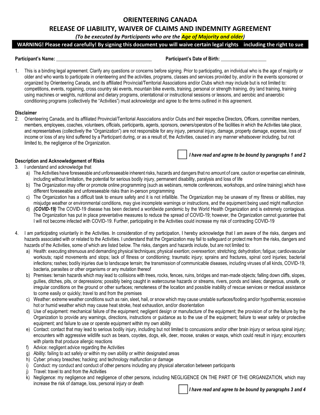 Orienteering Canada Release of Liability, Waiver of Claims and Indemnity Agreement