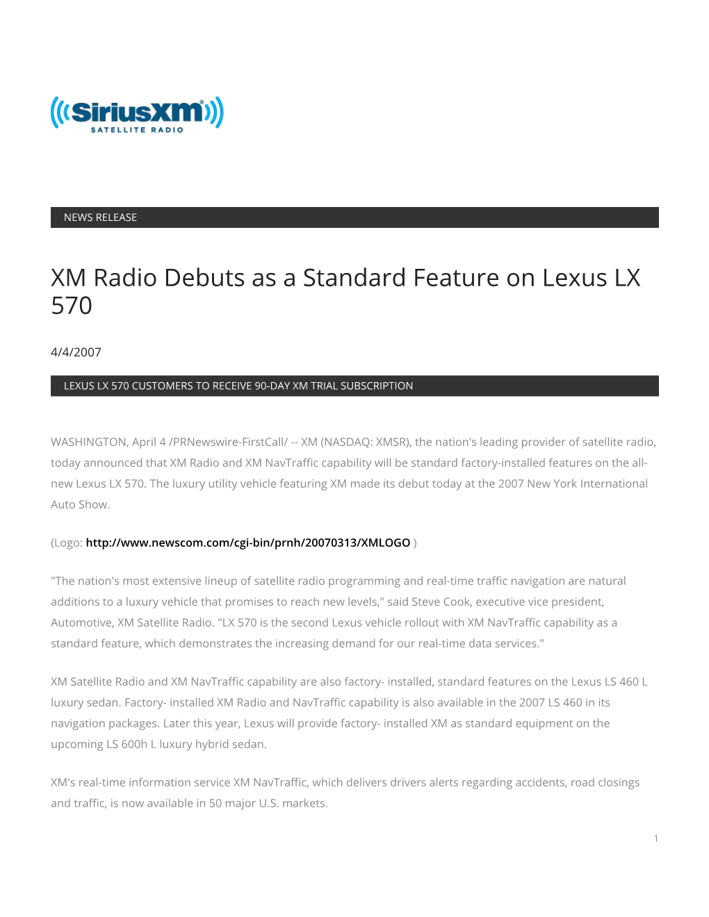 XM Radio Debuts As a Standard Feature on Lexus LX 570