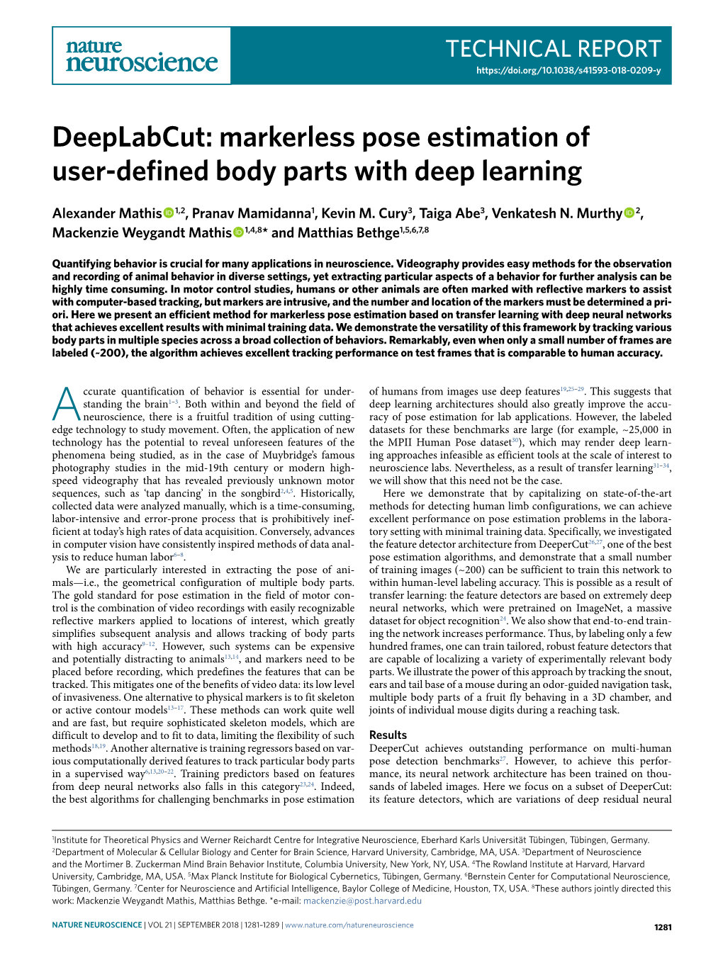 Deeplabcut: Markerless Pose Estimation of User-Defined Body Parts with Deep Learning