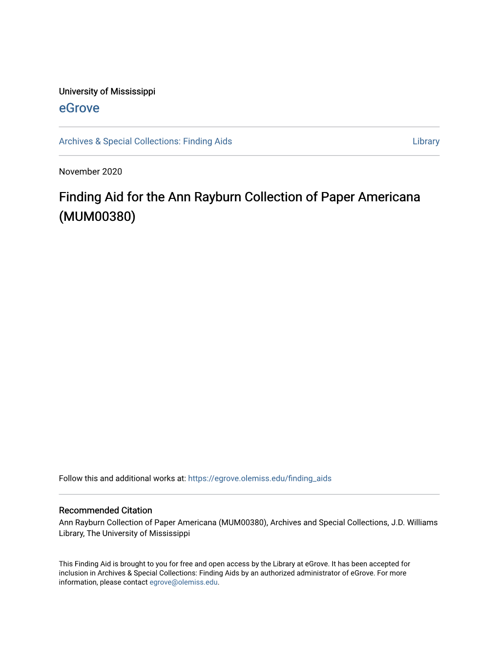 Finding Aid for the Ann Rayburn Collection of Paper Americana (MUM00380)