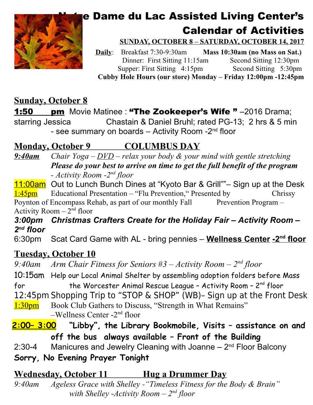 Notre Dame Du Lac Assisted Living Center S Calendar of Activities s1