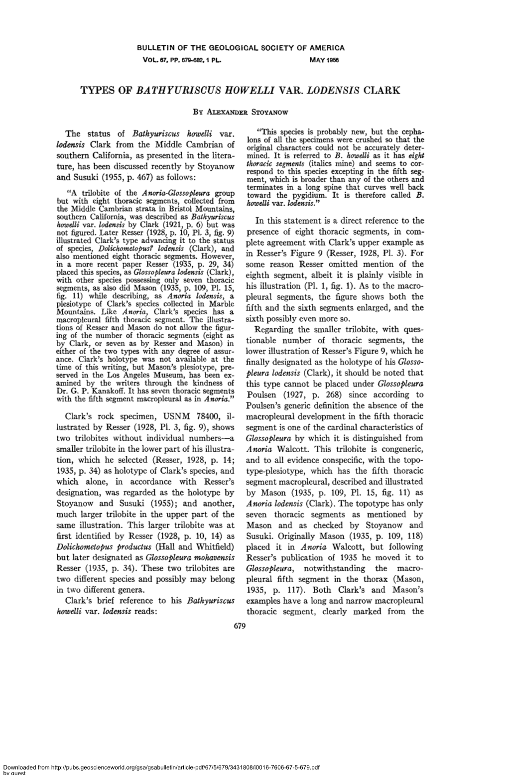 BULLETIN of the GEOLOGICAL SOCIETY of AMERICA TYPES of BATHYURISCUS HOWELLI VAR. LODENSIS CLARK by ALEXANDER STOYANOW the Status