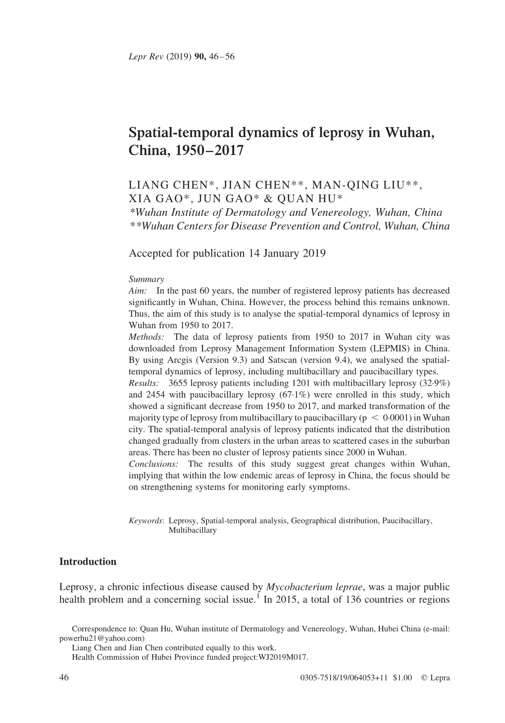 Spatial-Temporal Dynamics of Leprosy in Wuhan, China, 1950–2017