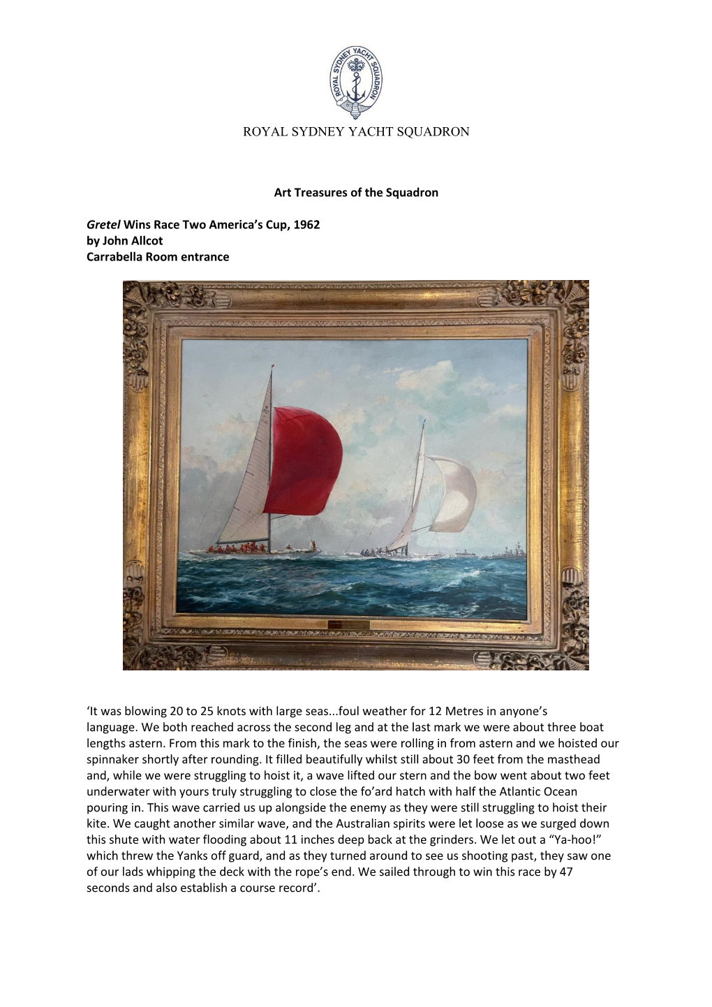 ROYAL SYDNEY YACHT SQUADRON Art Treasures of The