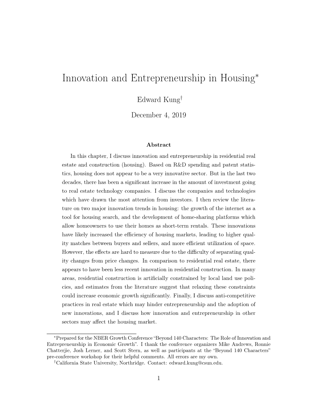 Innovation and Entrepreneurship in Housing∗