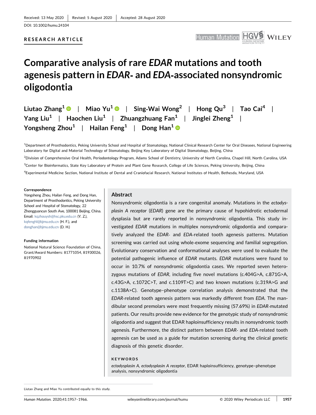 Comparative Analysis of Rare EDAR Mutations and Tooth Agenesis Pattern in EDAR‐ and EDA‐Associated Nonsyndromic Oligodontia