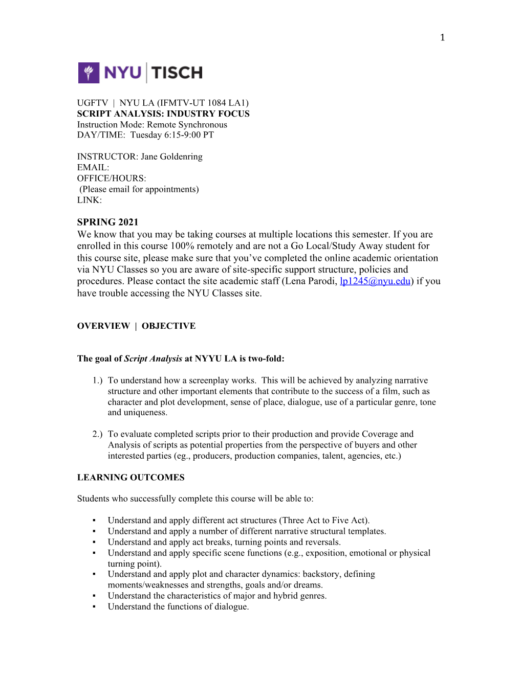 SCRIPT ANALYSIS: INDUSTRY FOCUS Instruction Mode: Remote Synchronous DAY/TIME: Tuesday 6:15-9:00 PT