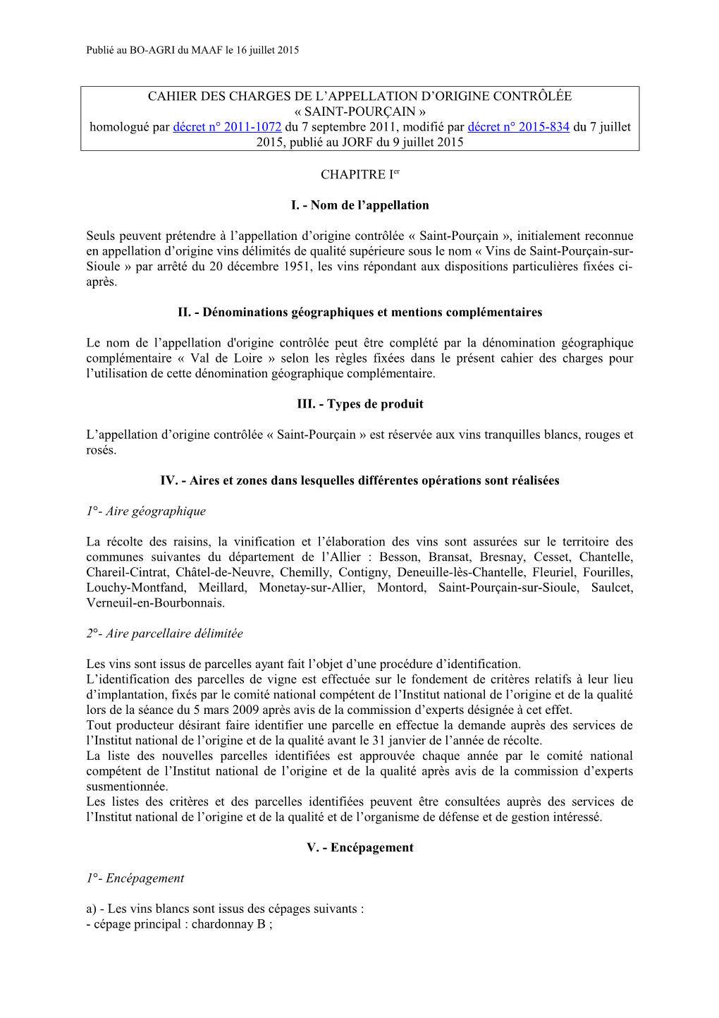 Cahier Des Charges De L'appellation D'origine