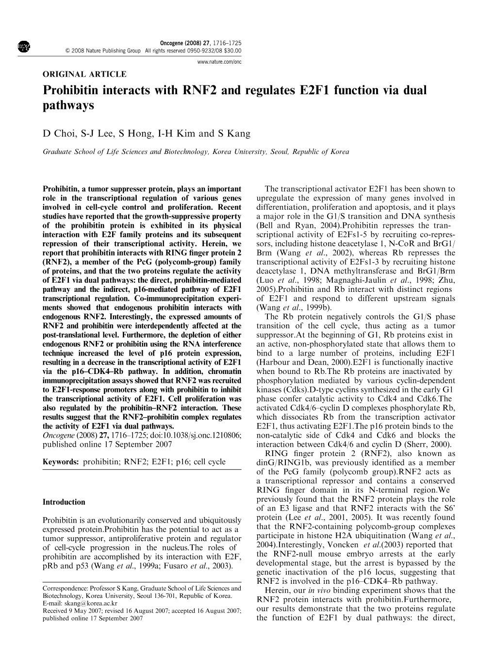 Prohibitin Interacts with RNF2 and Regulates E2F1 Function Via Dual Pathways